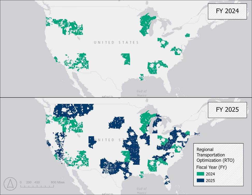Map of the United States showing the 5-digit zip codes affected by RTO implementation